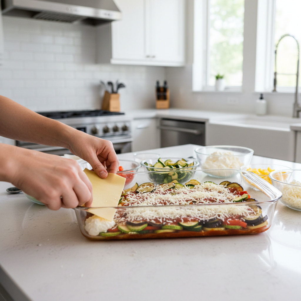 Vegetable lasagna being layered in a baking dish with noodles vegetables and cheese