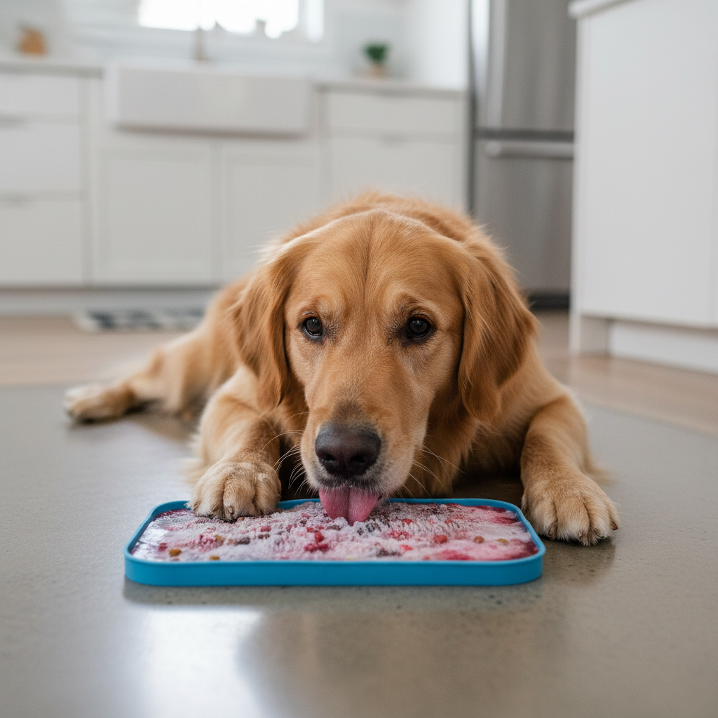 Dog licking a frozen lick mat for calming mental enrichment