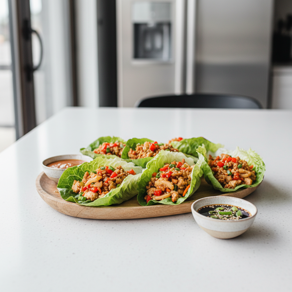 Chicken lettuce wraps with crisp lettuce cups and savory chicken filling on a weeknight table