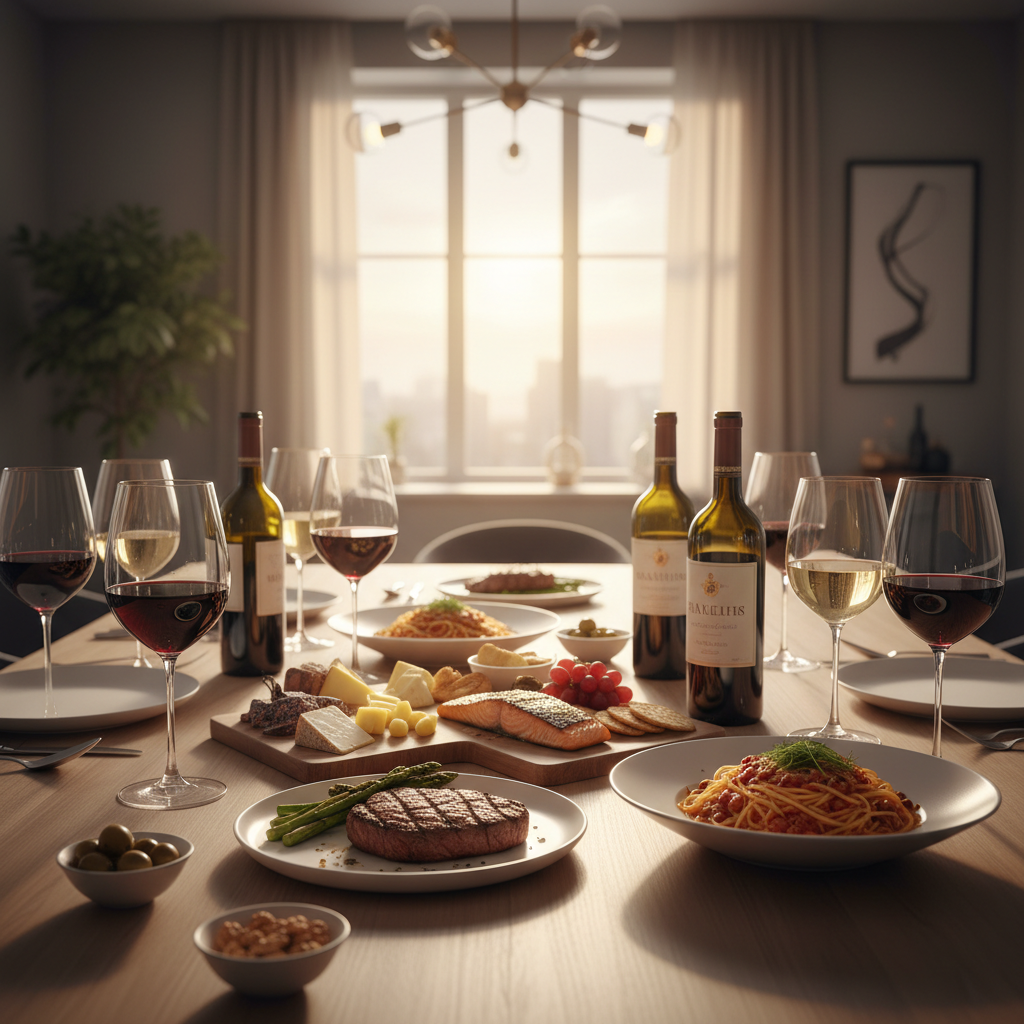 Wine pairing at a dinner table with common foods and wine glasses