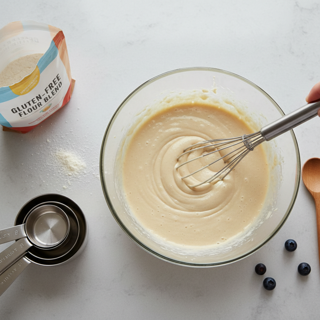 Gluten free pancake batter in a bowl showing thick but pourable consistency
