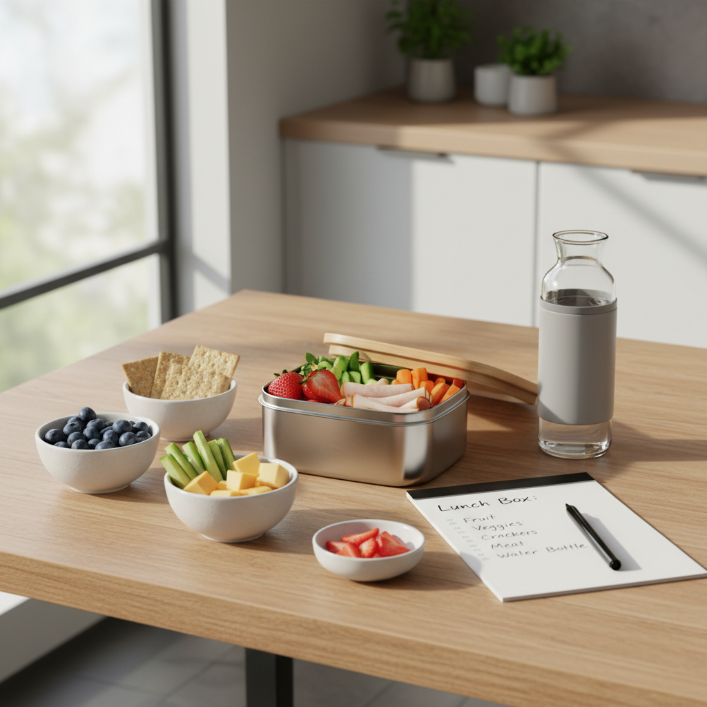 Lunch box packing checklist and ingredients on kitchen table