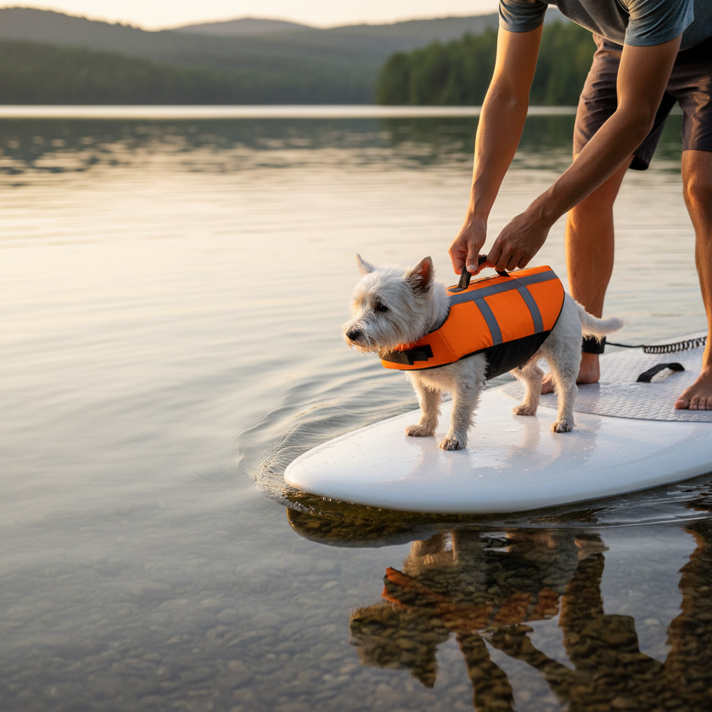 Small dog in a life vest being lifted safely by the top handle onto a paddleboard