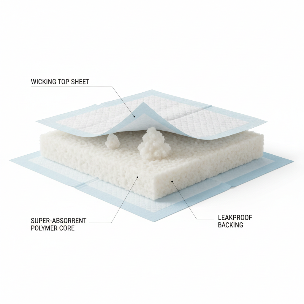 Cutaway view of a leakproof pee pad layers showing absorbent core and waterproof backing