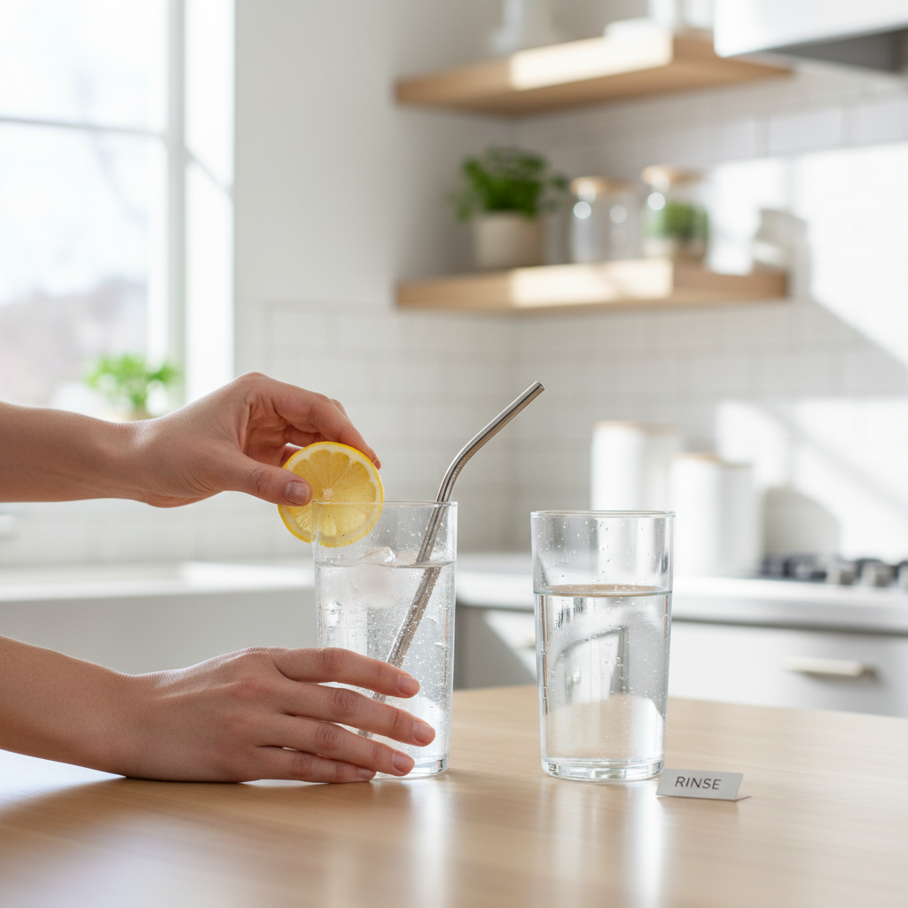 Person preparing lemon water with straw and rinsing water for enamel-friendly habit