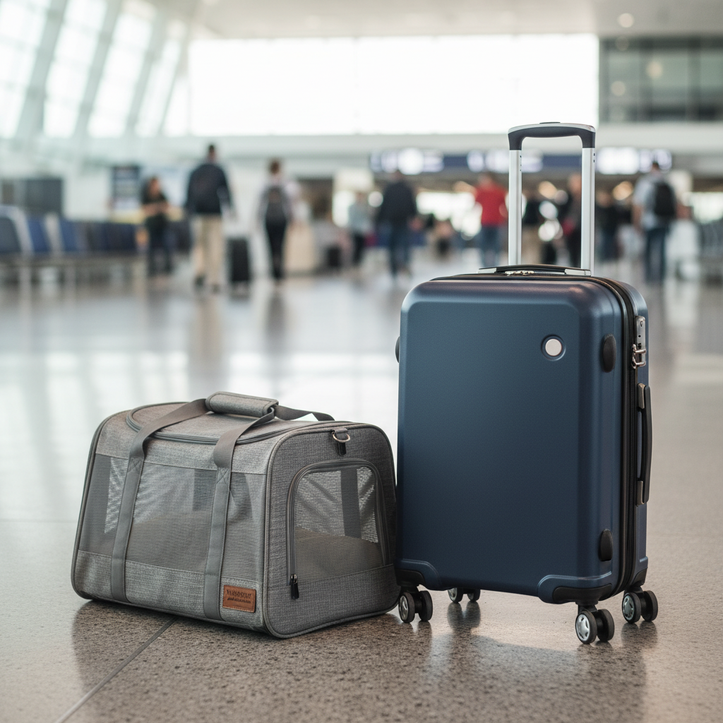 Lightweight pet travel carrier bag on airport floor next to carry-on suitcase