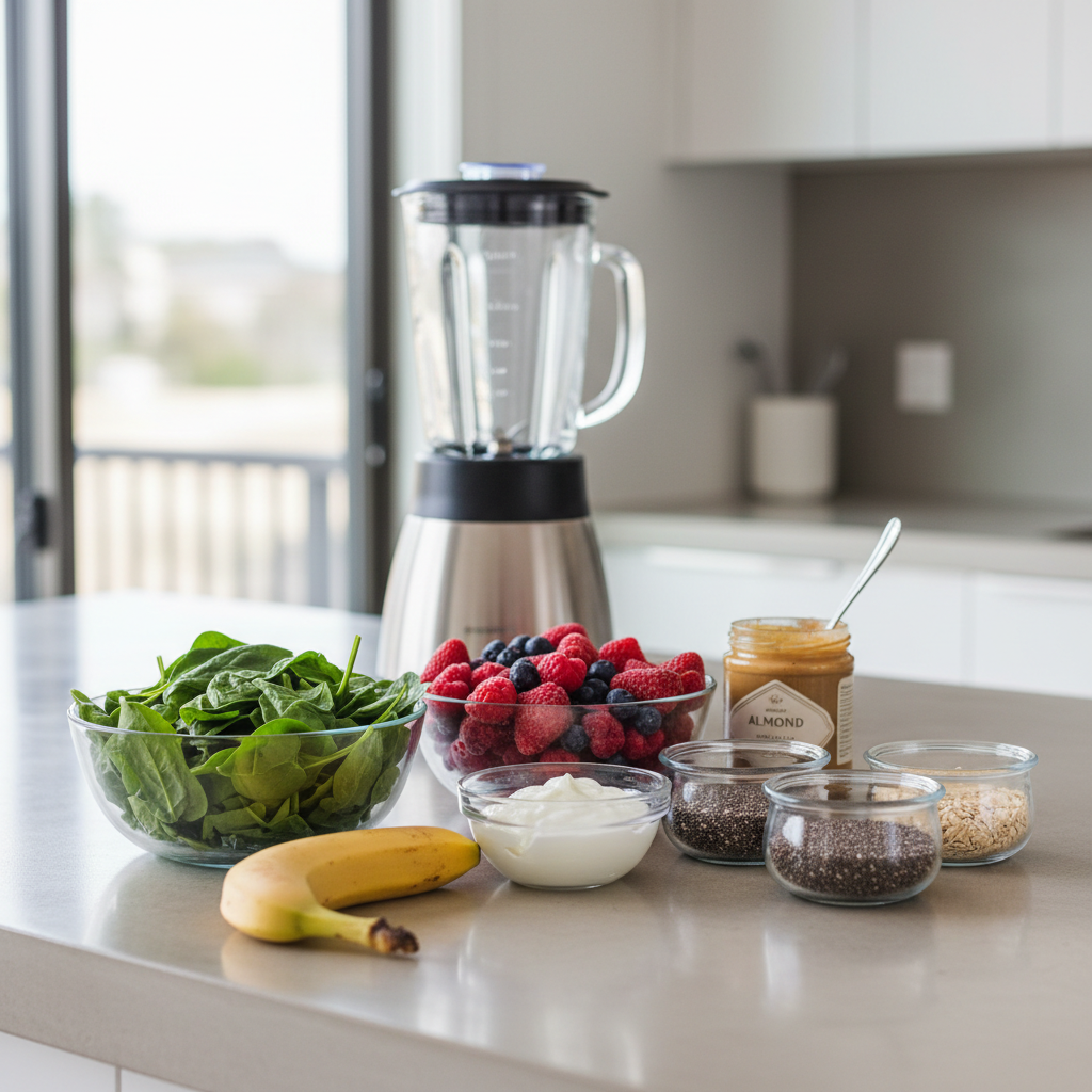 Healthy breakfast smoothie ingredients on a kitchen counter