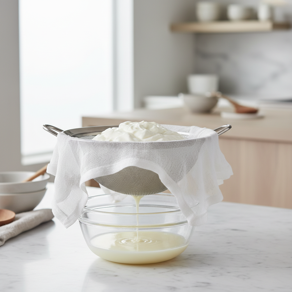 Straining yogurt to make thick Greek-style homemade yogurt in a fine mesh strainer