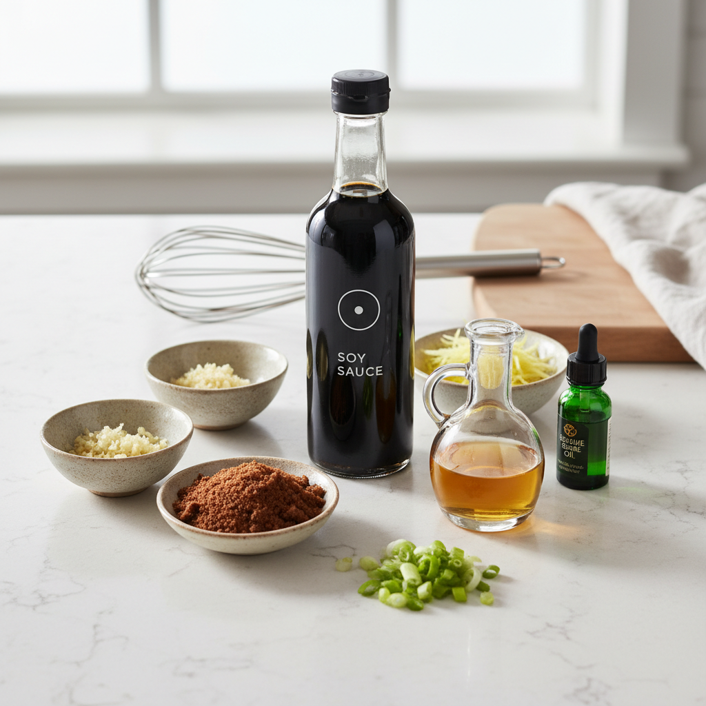 Soy sauce, aromatics, and pantry staples arranged for soy sauce recipes