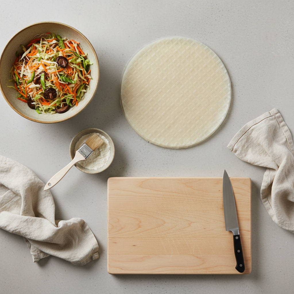 Spring roll wrappers, drained filling, and sealing slurry arranged for prep