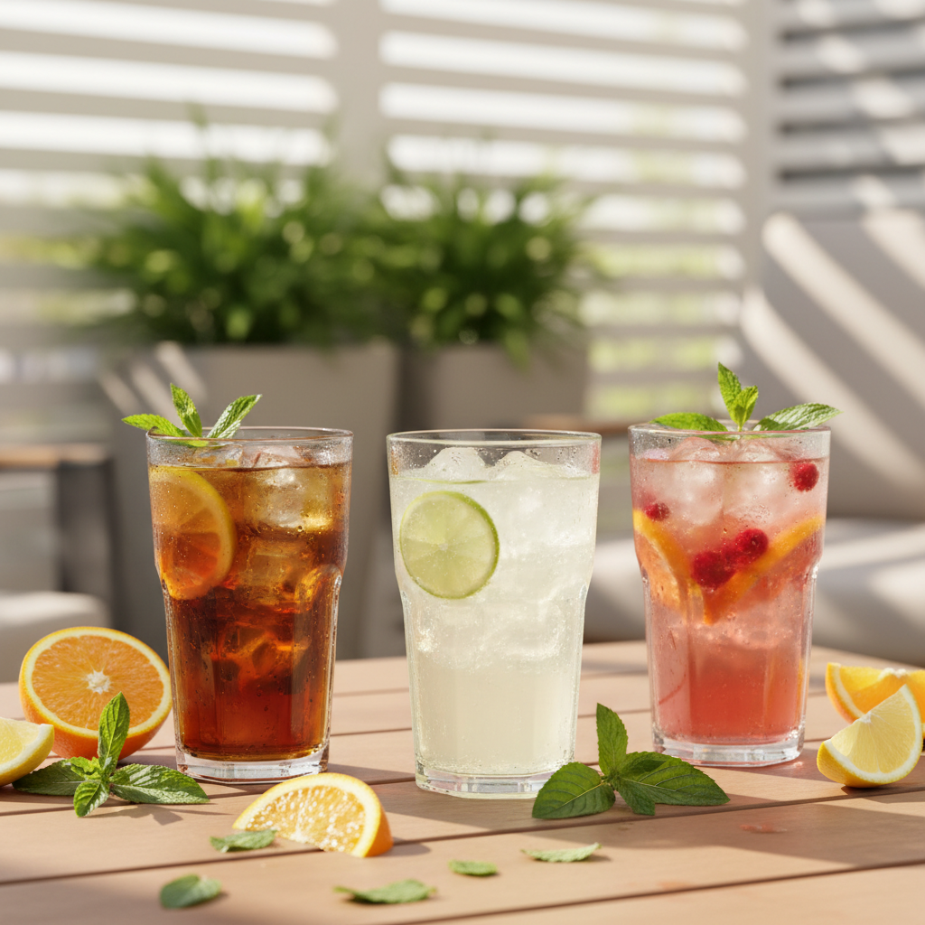 Refreshing summer drinks on a patio table with citrus and ice