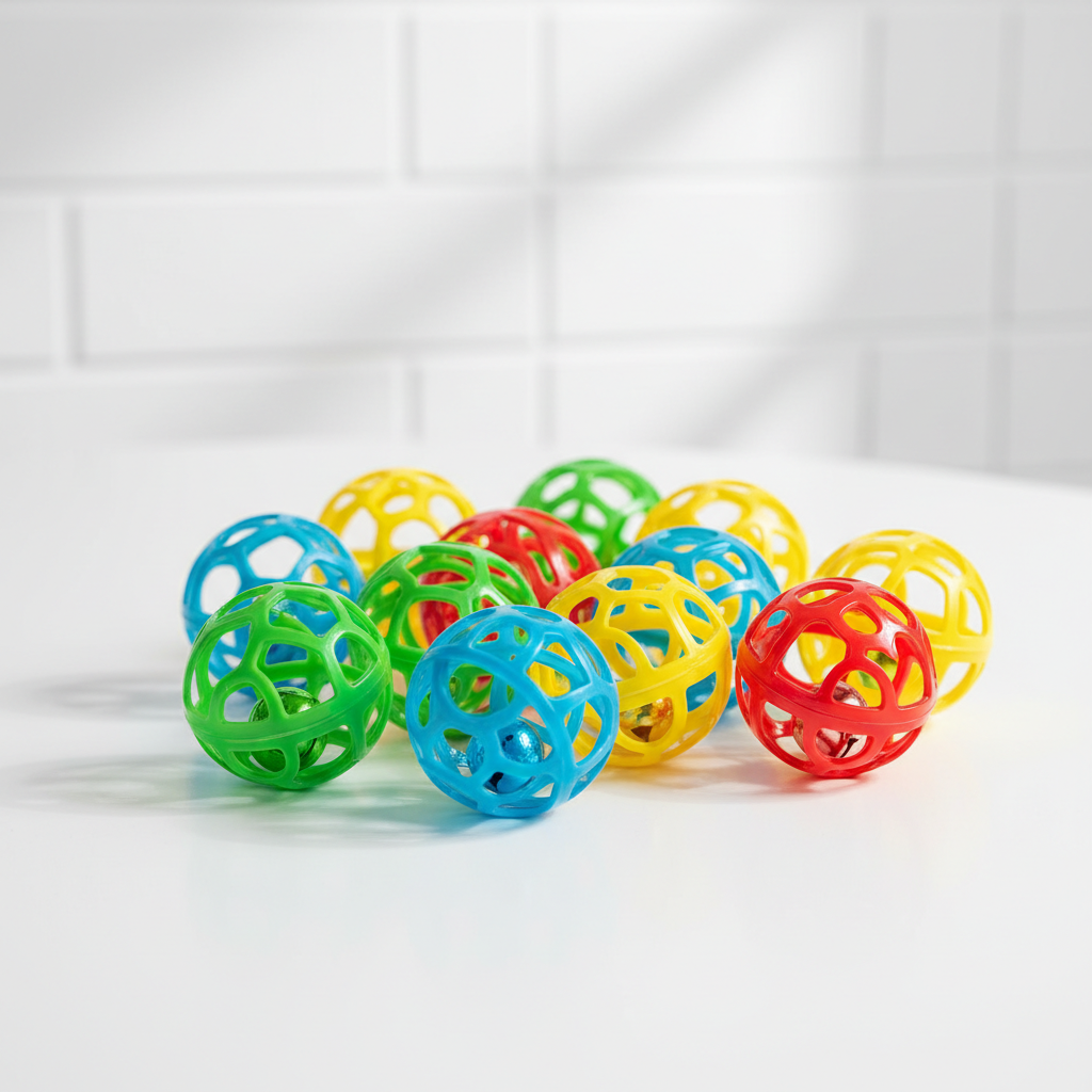 Colorful plastic play balls for small pets on a clean tabletop