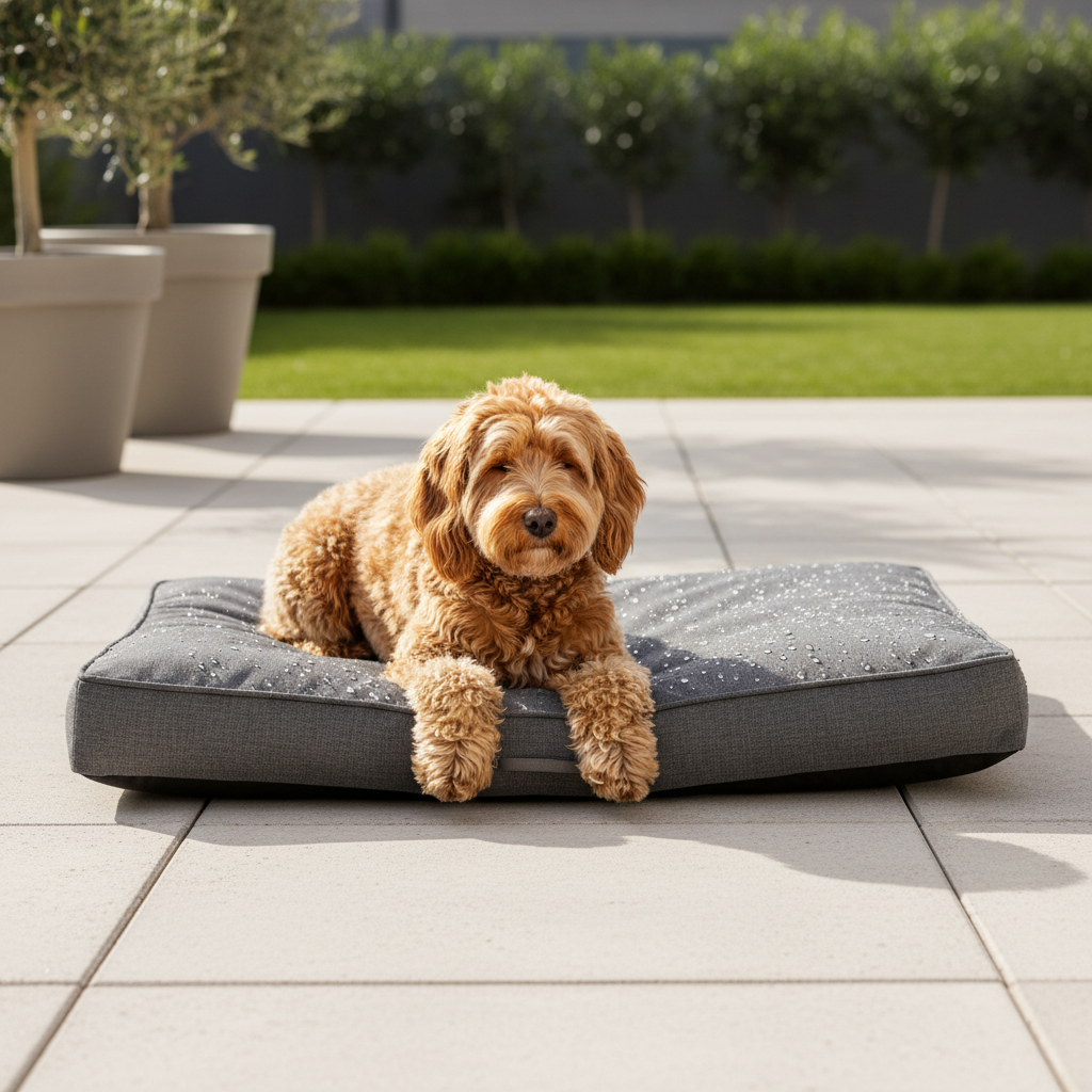Weather resistant dog bed on an outdoor patio with a dog resting