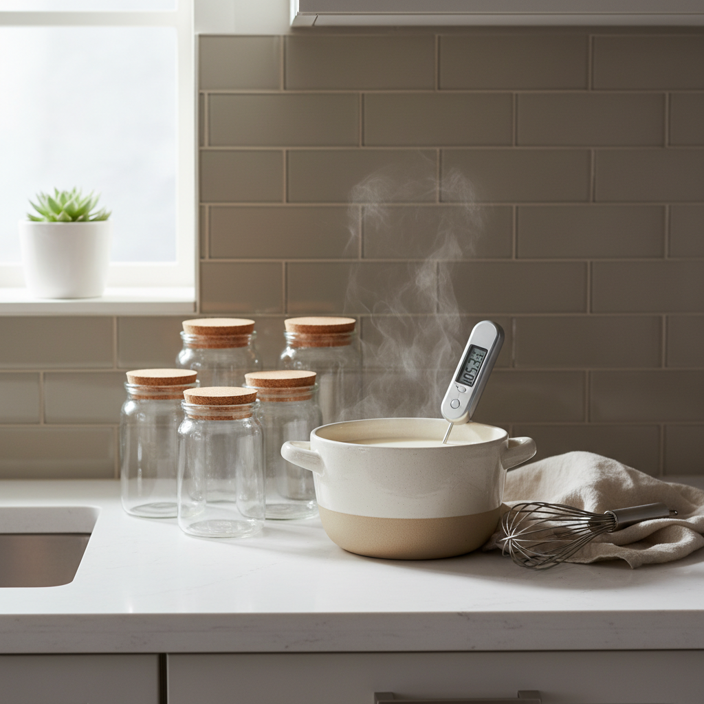 Homemade yogurt setup with pot, thermometer, and clean jars on kitchen counter