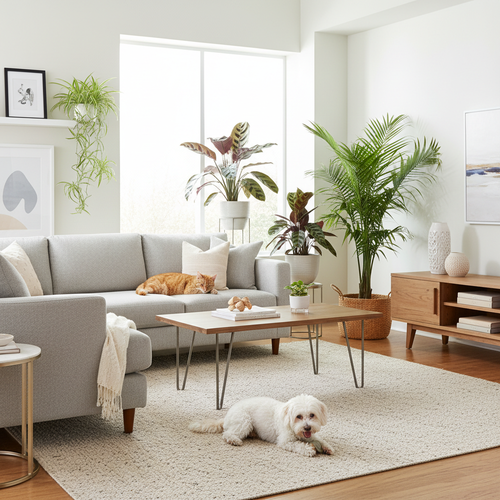 Pet-friendly living room with non-toxic houseplants placed safely on shelves