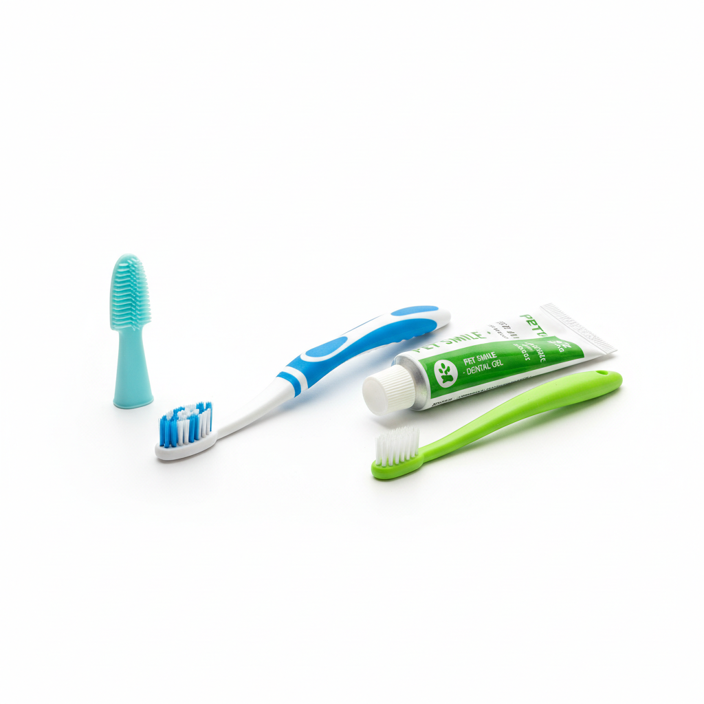 Different dog toothbrush heads and pet-safe toothpaste options