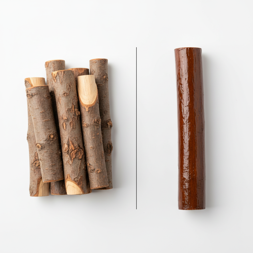 Close-up of untreated apple wood chew logs and unsafe treated wood comparison