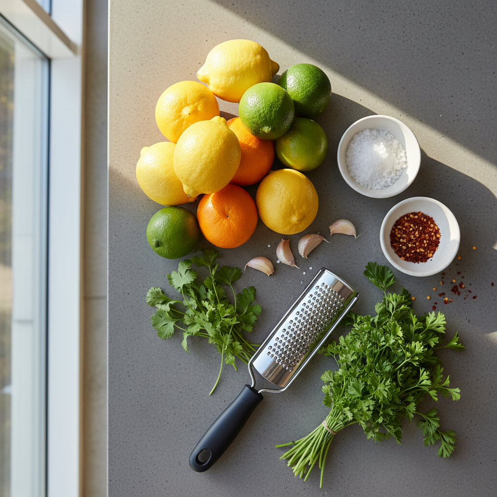 Citrus, herbs, and spices for zesty recipes on a kitchen counter