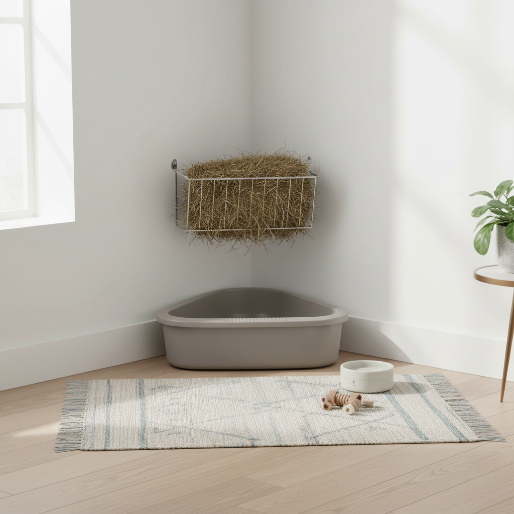 Proper corner litter box setup with hay rack and washable floor mat