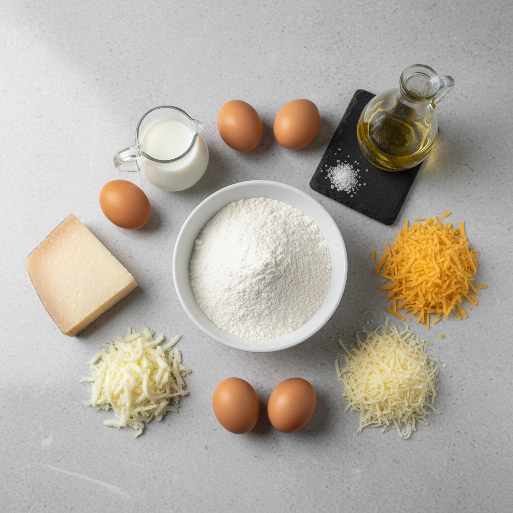 Tapioca flour, eggs, milk, oil, and cheeses for Pao de Queijo on a counter