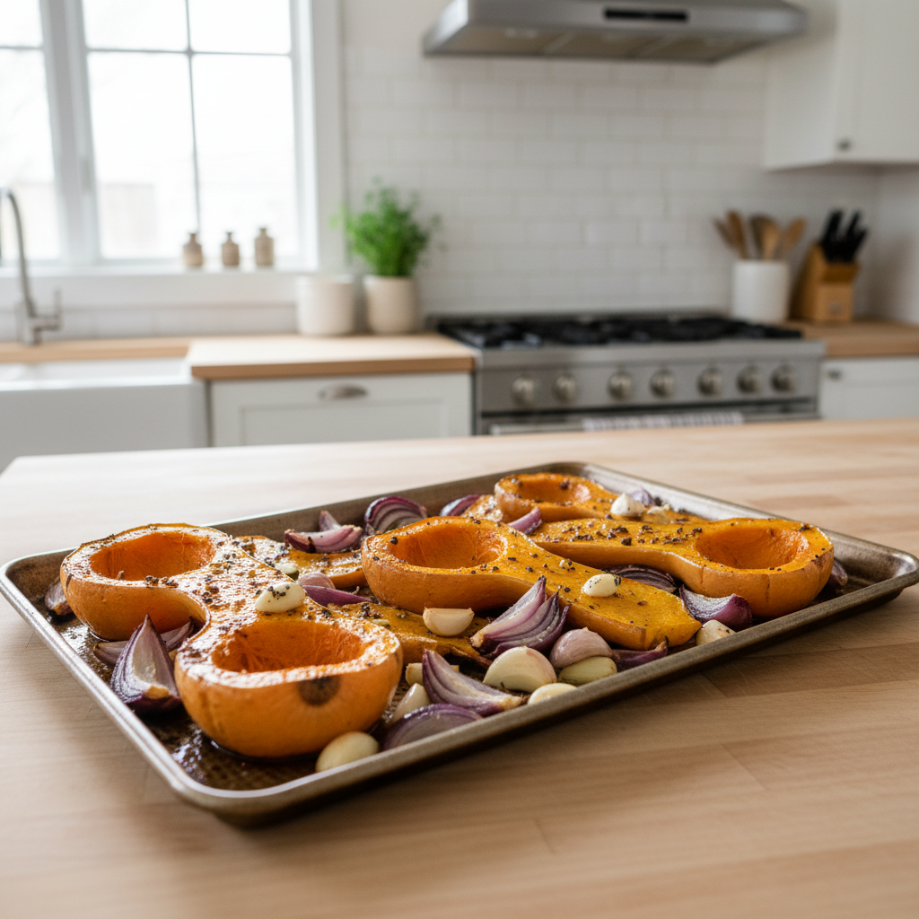 Roasted butternut squash and aromatics on a sheet pan for soup
