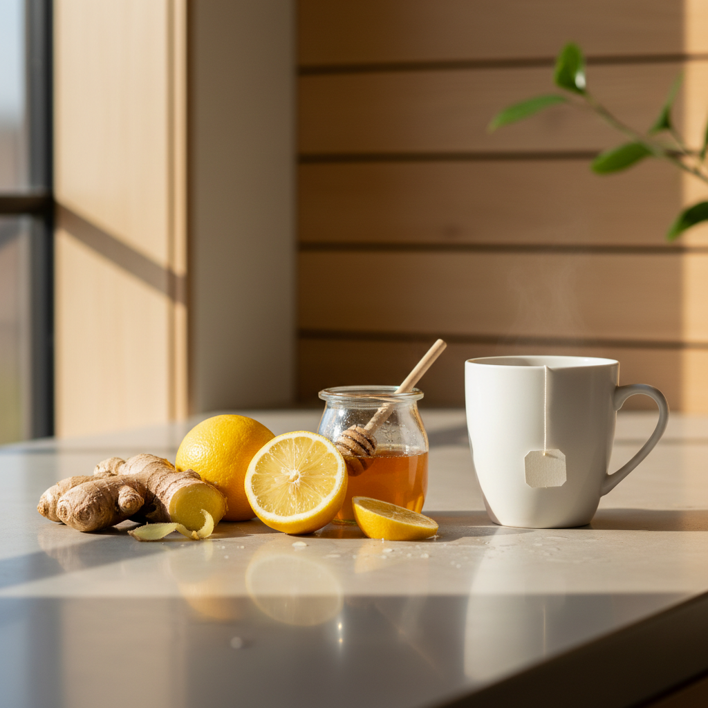 Fresh ginger root, lemon, and honey set up for ginger tea recipe