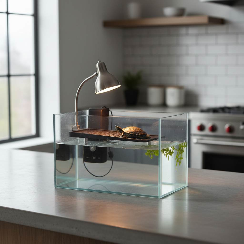 Small aquarium turtle setup with low-flow filtration and basking area