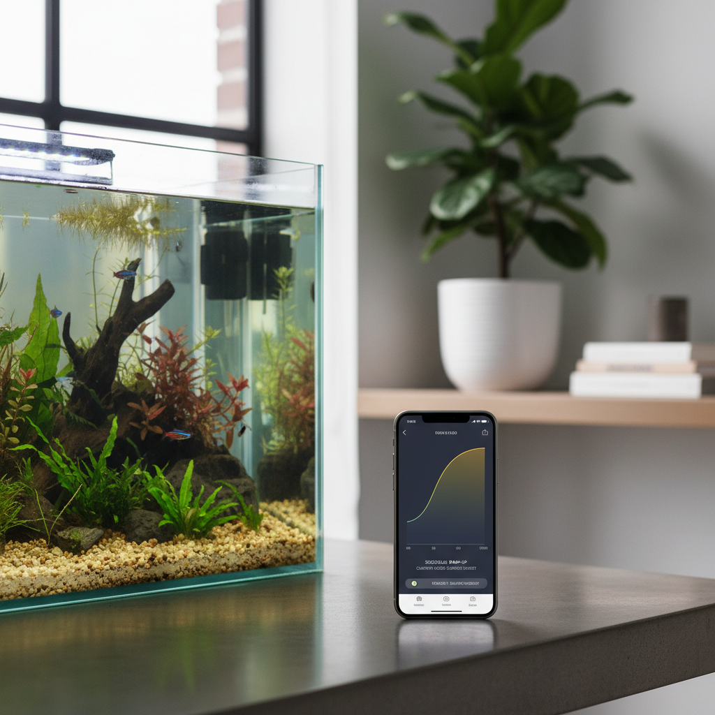 Smart aquarium light controller showing gradual ramp-up schedule over a fish tank
