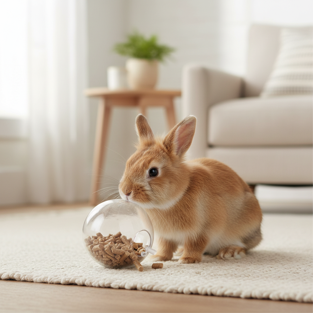 Rabbit nudging a treat ball feeder on a rug for enrichment