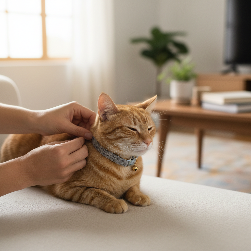 Owner checking cat collar fit using two-finger rule at home