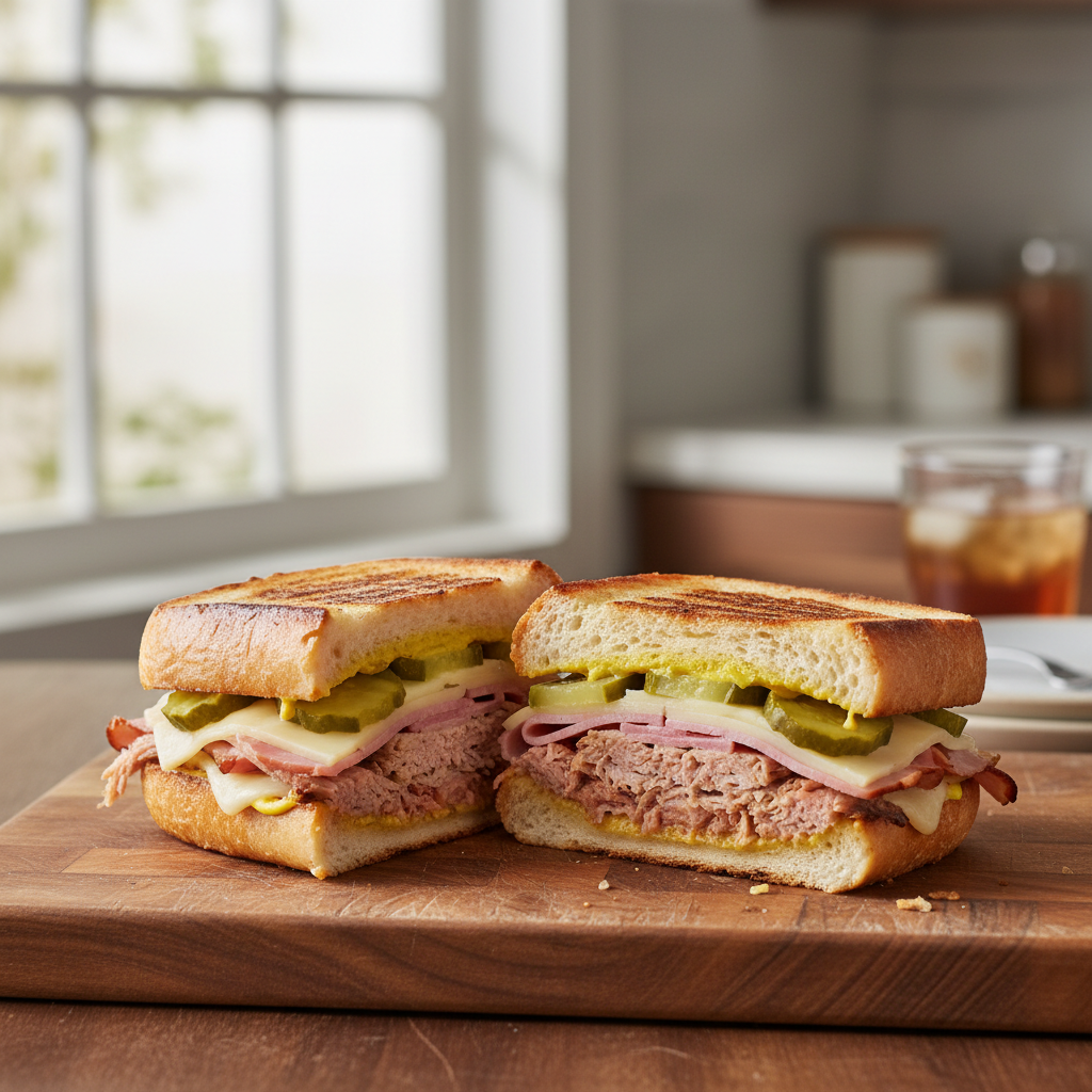 Pressed Cuban sandwich on a cutting board with crispy bread and visible layers