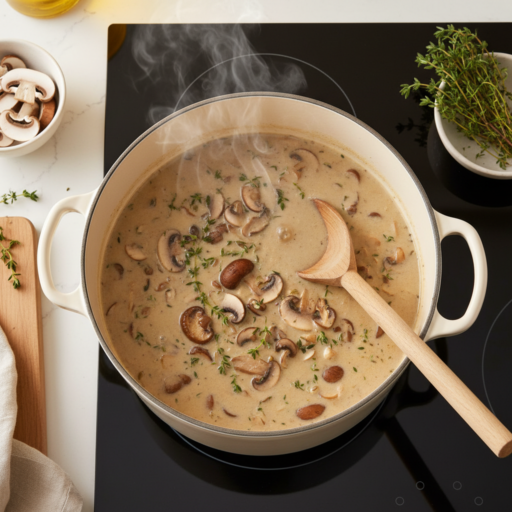 Creamy mushroom soup simmering in a pot with herbs
