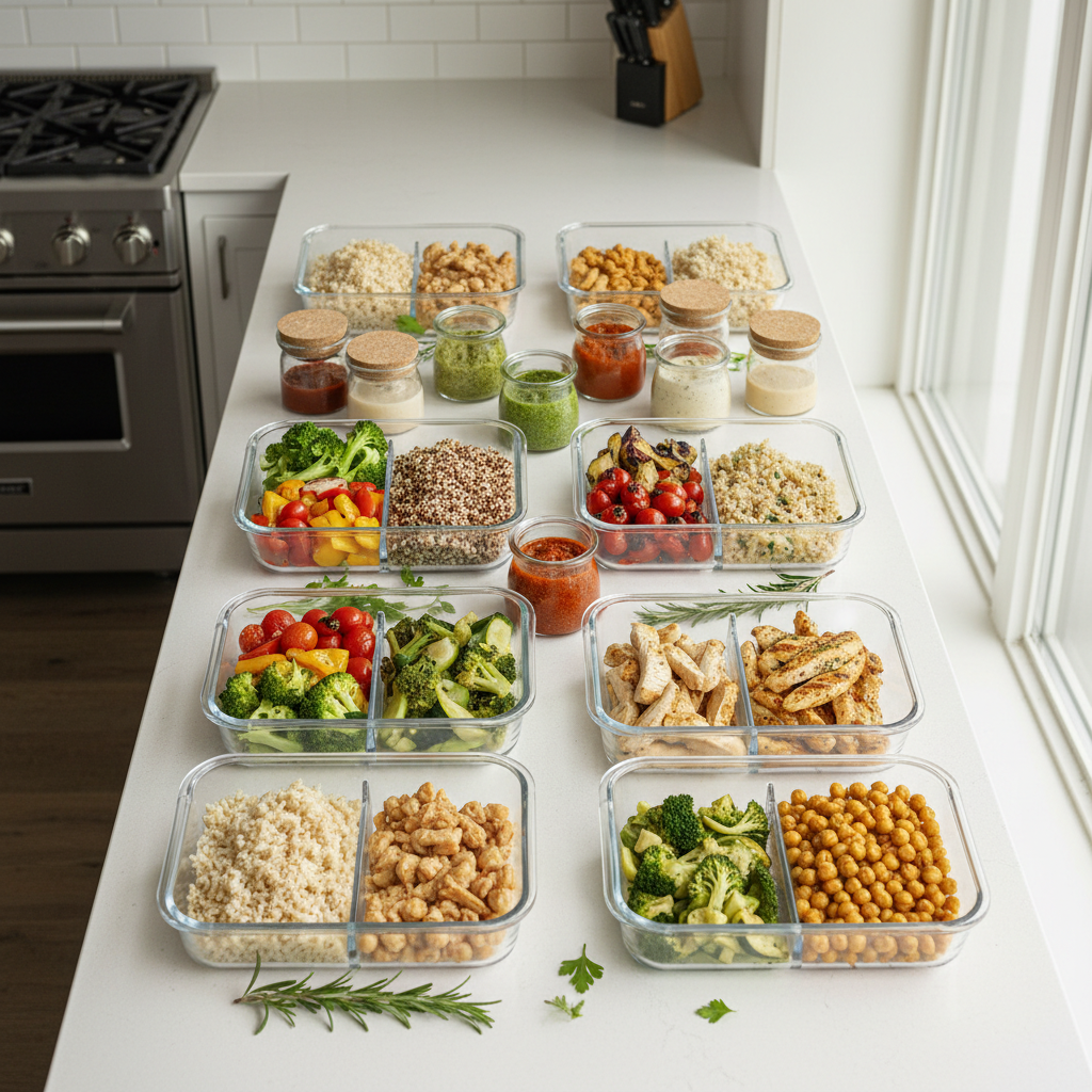 Meal prep containers with grains vegetables and sauces for grain bowls