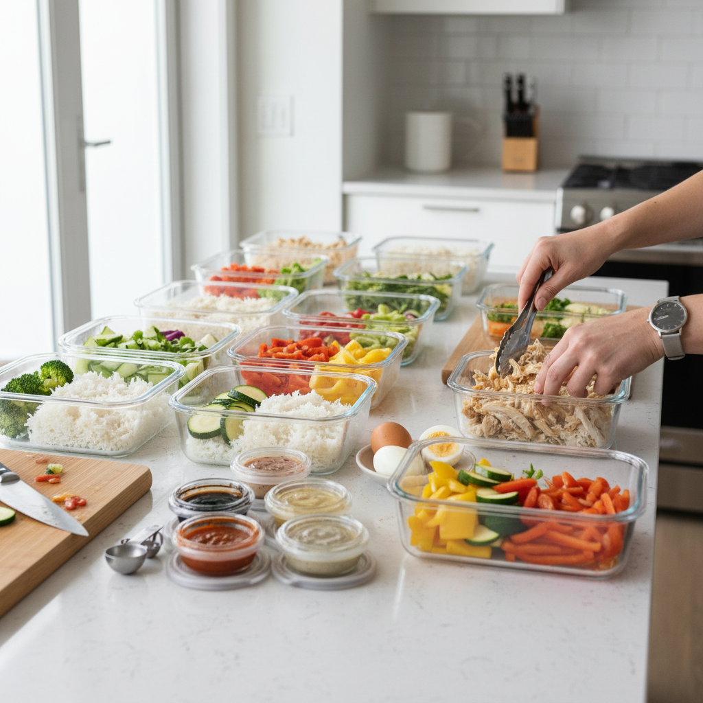 One-hour meal prep setup for quick lunches in containers