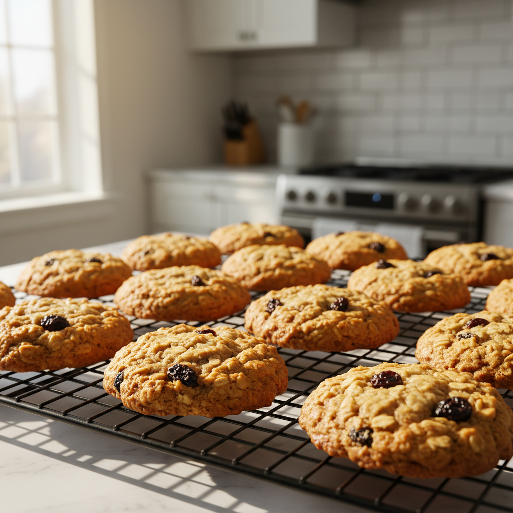 Chewy oatmeal raisin cookies on a cooling rack with visible oats and raisins