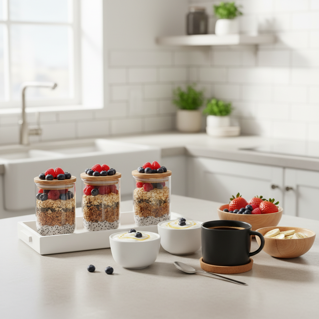 Quick breakfast setup with overnight oats, yogurt, fruit, and coffee on a kitchen counter