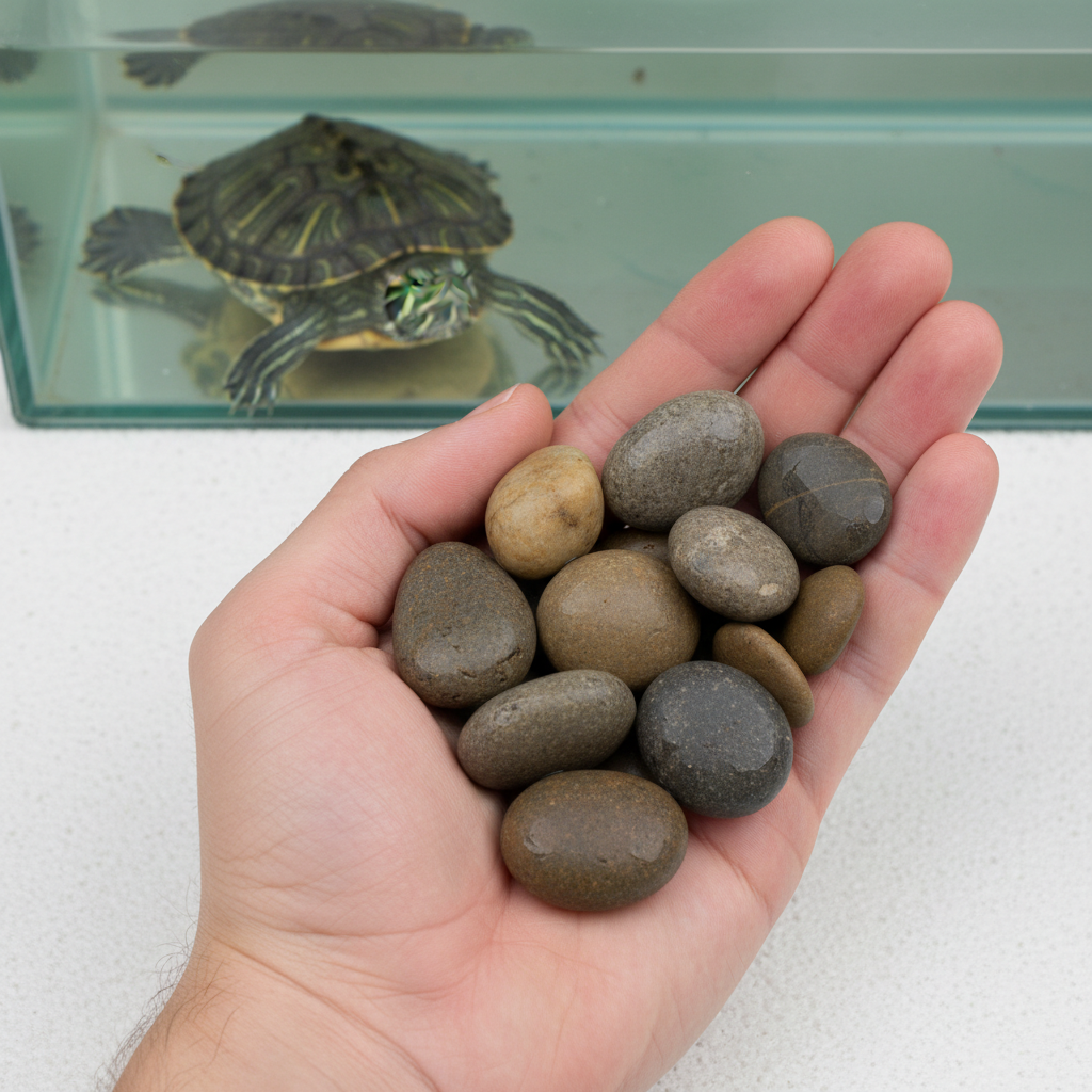 Hand holding smooth river stones showing safe larger size compared to turtle mouth
