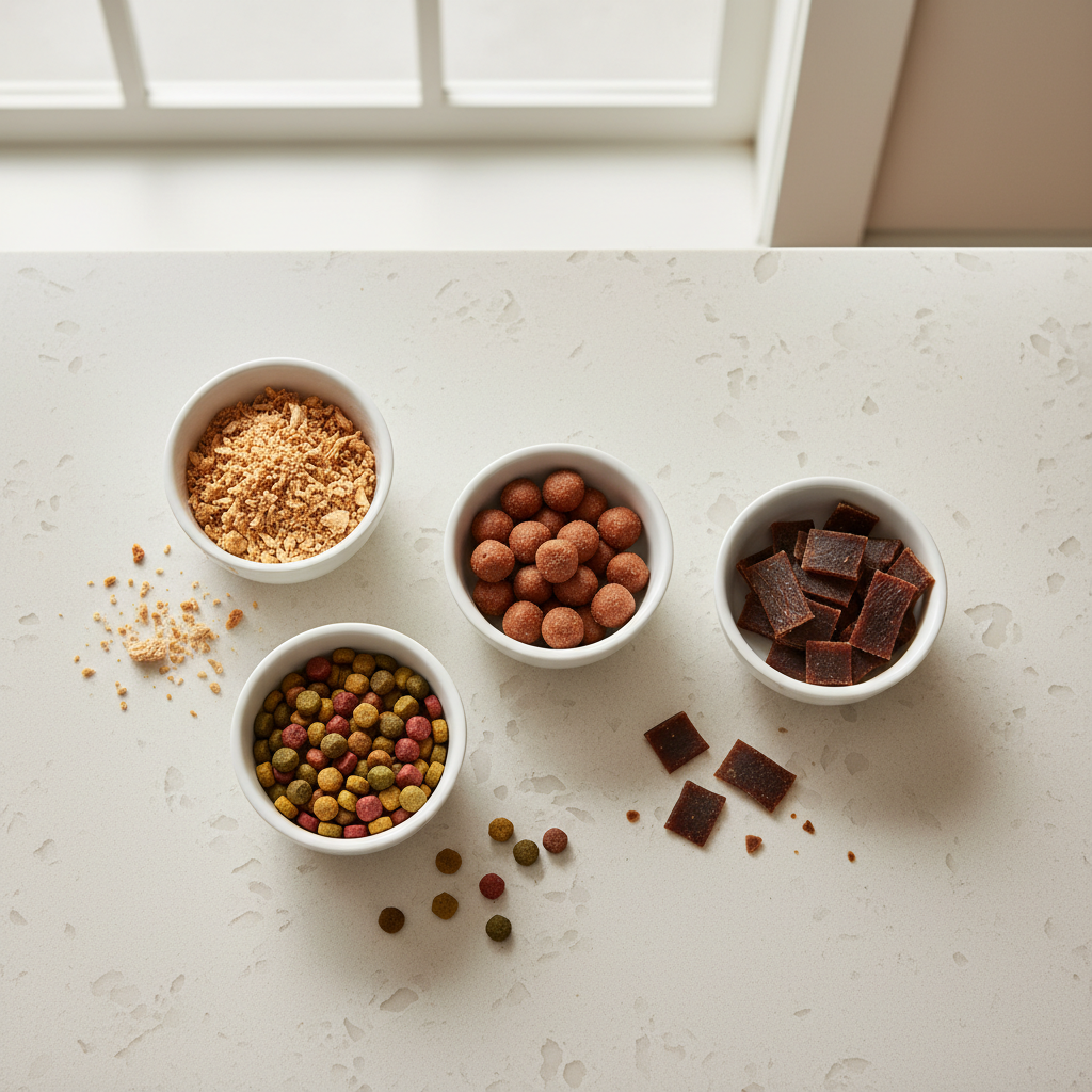 Different dog training treat types in small portions on a clean countertop