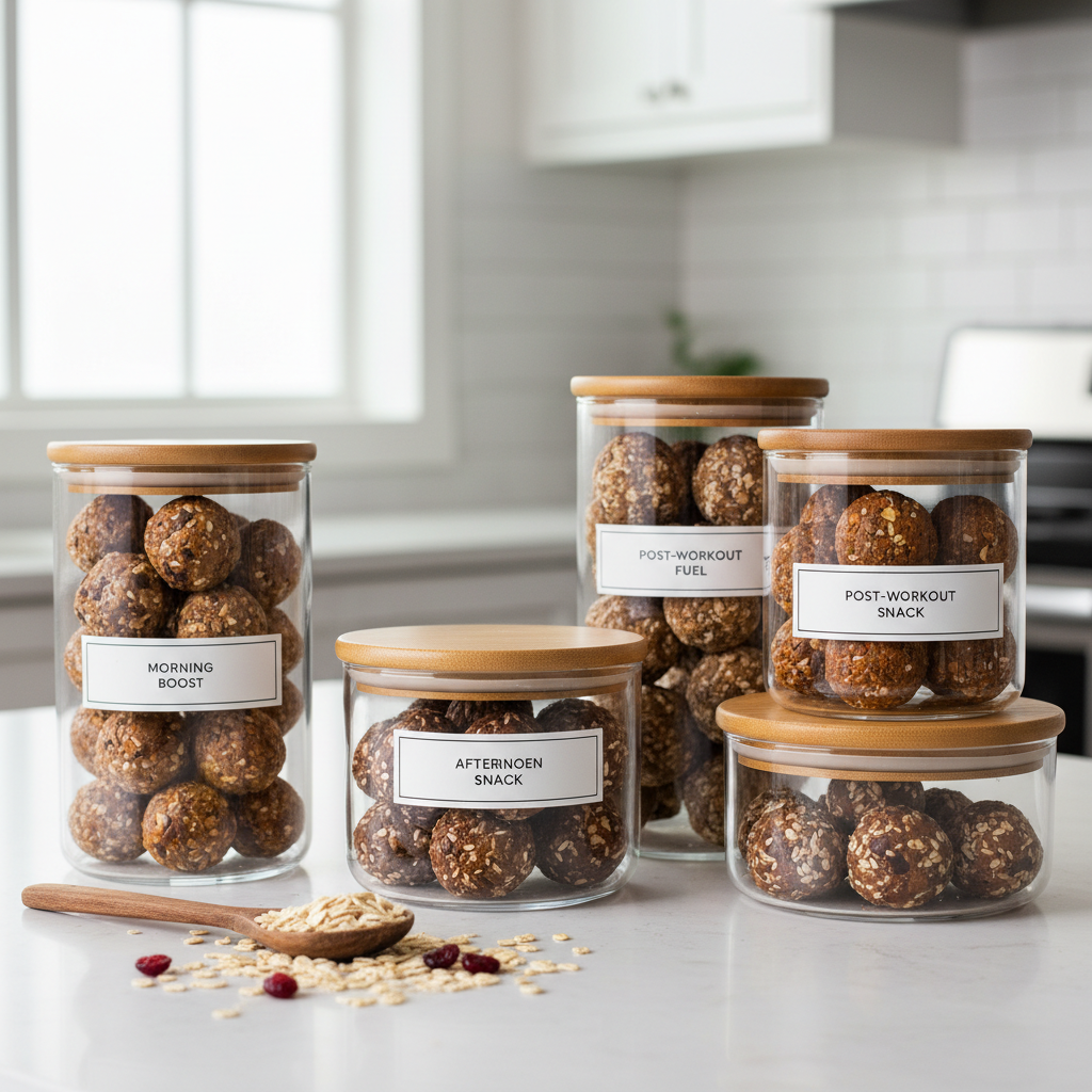 Energy bites stored in airtight containers for weekly snack meal prep