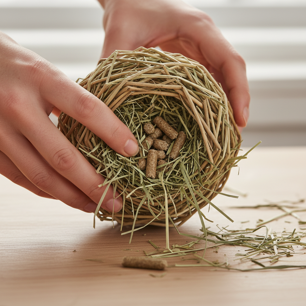 Hands stuffing a rabbit chew ball with timothy hay and small treats