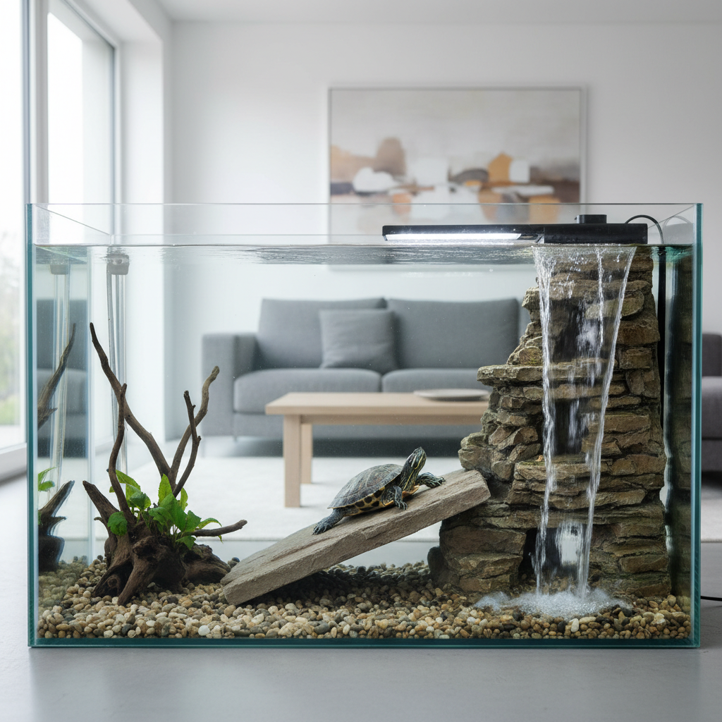 Clean turtle aquarium with strong filter waterfall return and basking dock