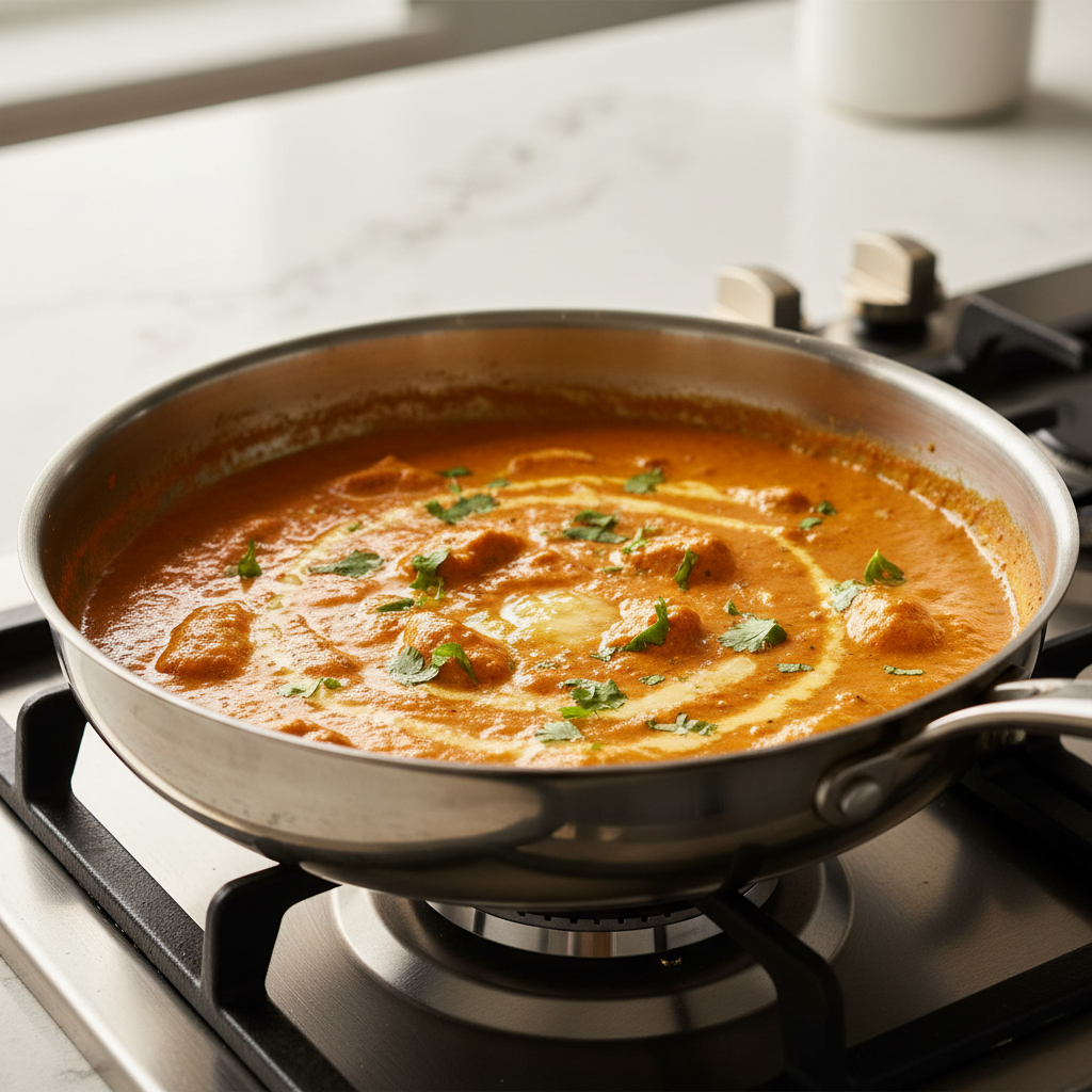 Creamy indian butter chicken simmering in a skillet with spices and butter