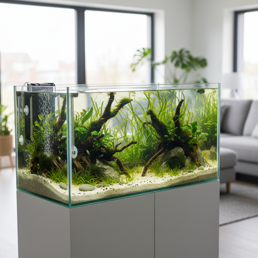 Clean freshwater aquarium with planted substrate and gentle water flow