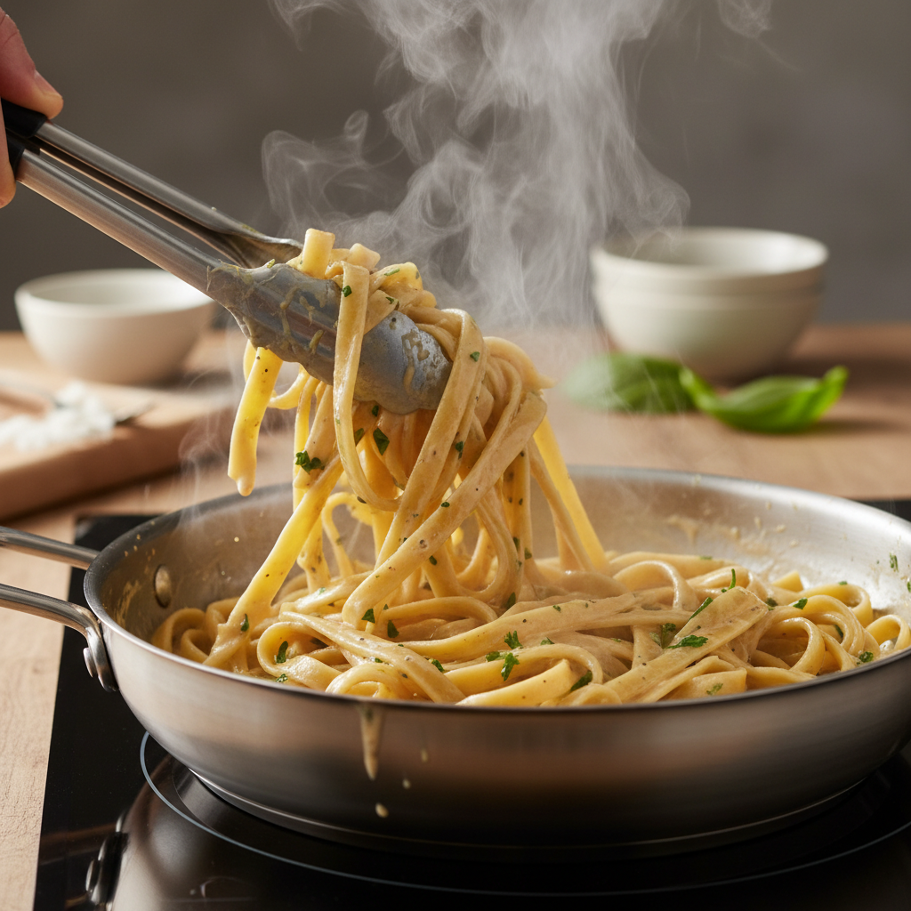 Fettuccine being tossed in Alfredo sauce with tongs