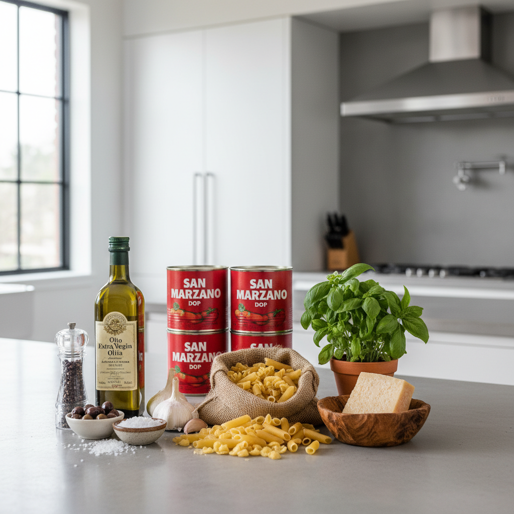 Simple Italian pantry staples on a home kitchen counter