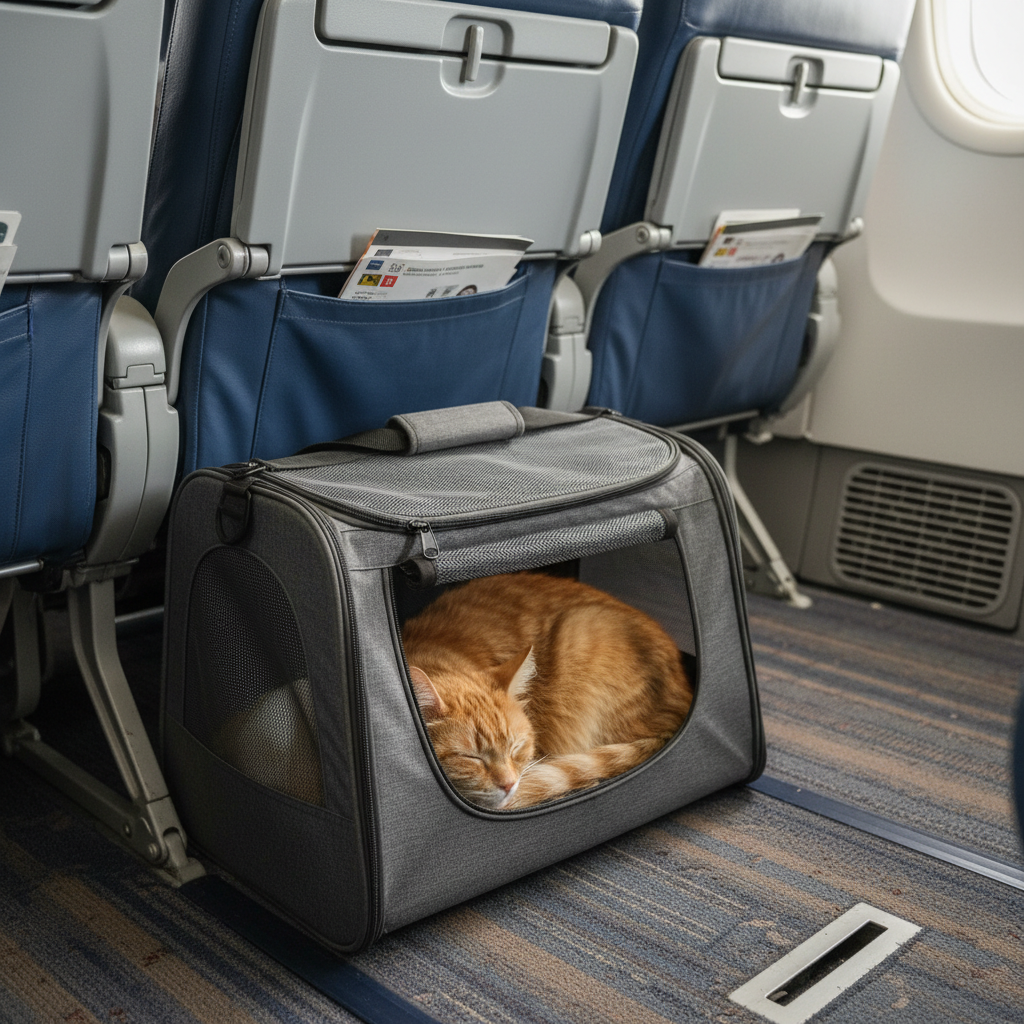 Soft-sided airline approved cat carrier fitting under an airplane seat