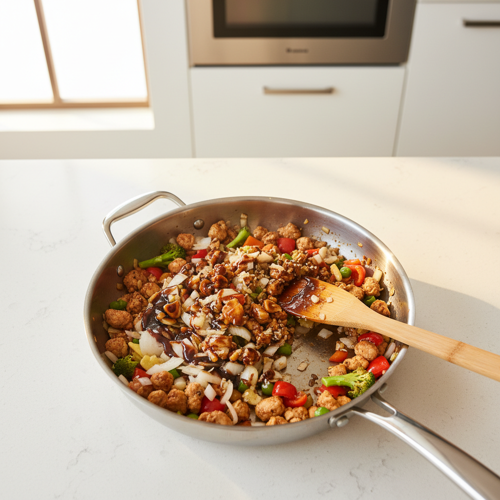 Skillet cooking chicken lettuce wraps filling with garlic, ginger, and vegetables