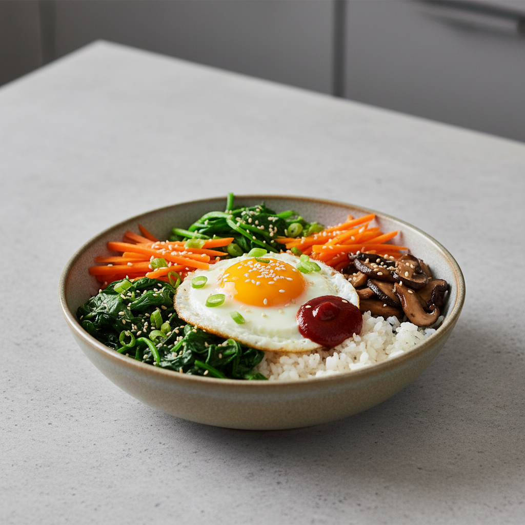 Bibimbap-style bowl with rice, vegetables, egg, and gochujang sauce