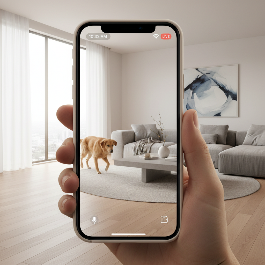 Pet camera view showing dog pacing in living room while home alone