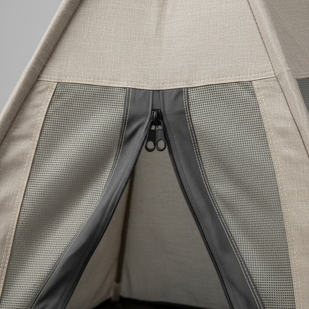 Close-up of mesh panels and zipper on a ferret play tent